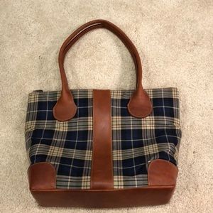 Navy Tartan stripe & brown leather handbag